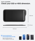 APP11228 - SSD/HDD Holder | LD221 in Black showing device compatibility guide with dimensions 6.30 x 3.30 x 0.13 inch and universal fitment for most portable SSD and HDD models