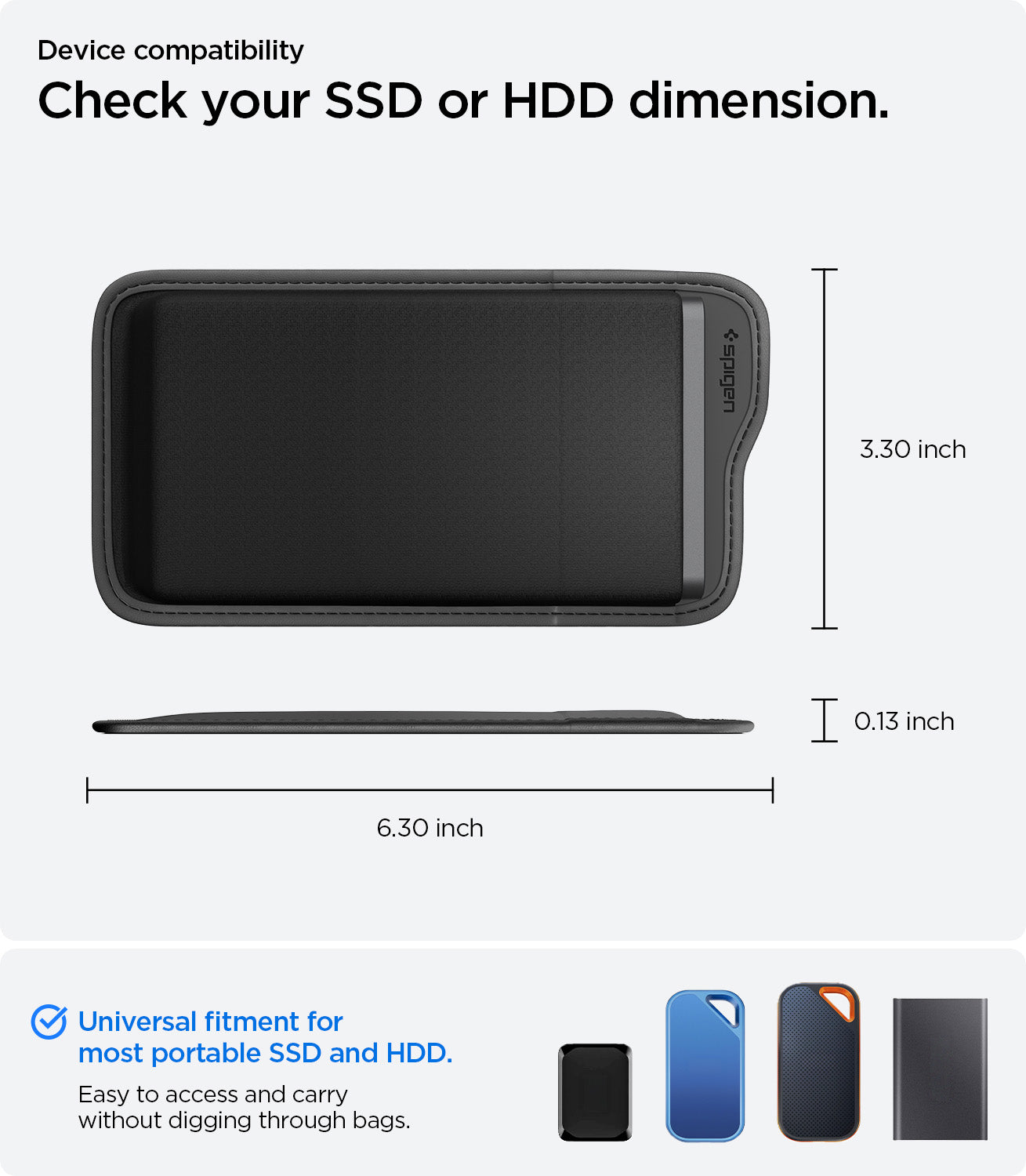APP11228 - SSD/HDD Holder | LD221 in Black showing device compatibility guide with dimensions 6.30 x 3.30 x 0.13 inch and universal fitment for most portable SSD and HDD models