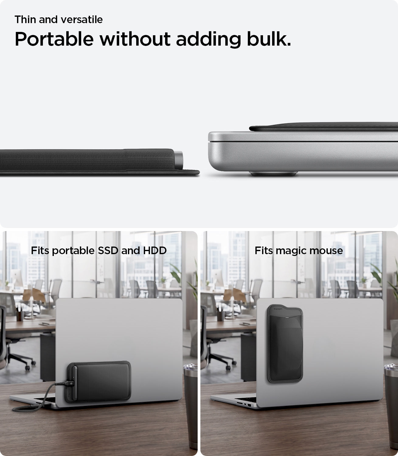 APP11228 - SSD/HDD Holder | LD221 in Black showing thin side profile and dual-use versatility infographic with portable SSD and HDD fit and magic mouse compatibility on MacBook