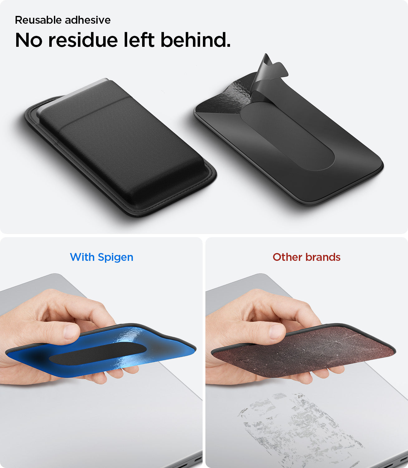 APP11228 - SSD/HDD Holder | LD221 in Black showing reusable adhesive comparison infographic with clean residue-free removal versus other brands leaving sticky residue on laptop