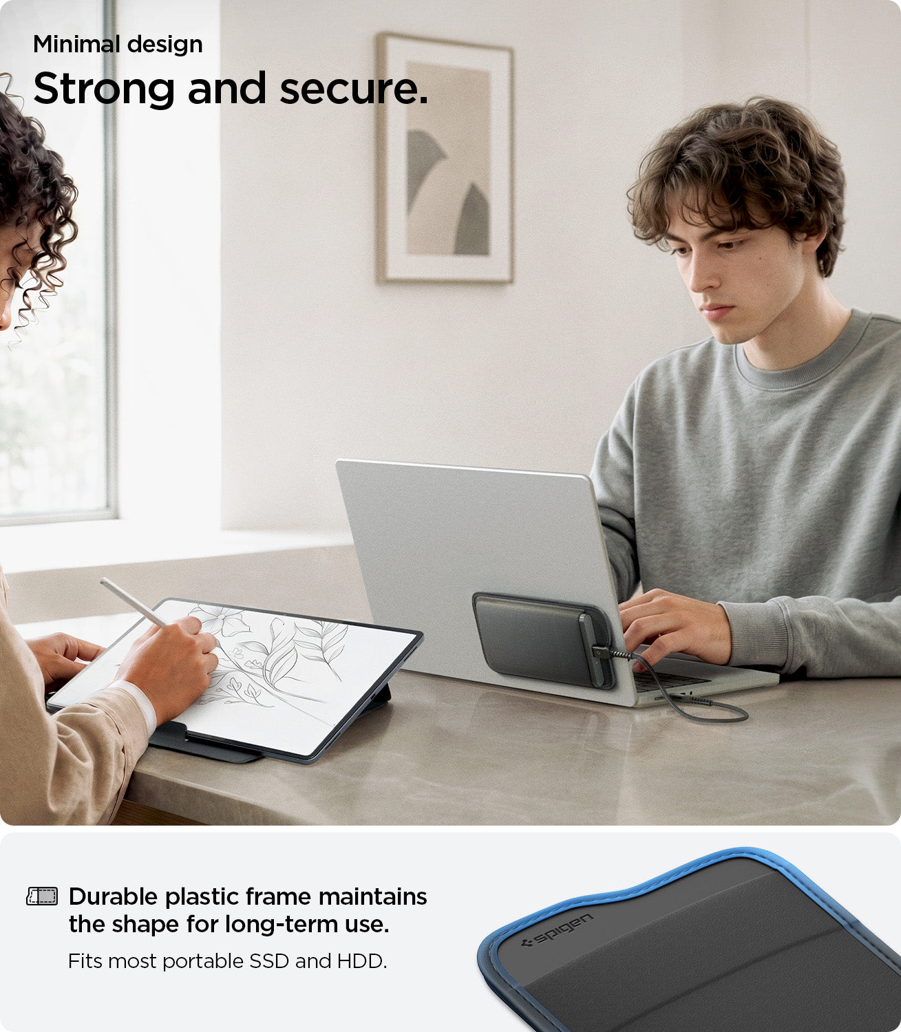 APP11228 - SSD/HDD Holder | LD221 in Black showing minimal design strong and secure lifestyle with durable plastic frame and elastic sleeve holding portable SSD on MacBook back panel