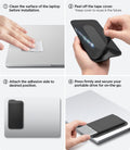 APP11228 - SSD/HDD Holder | LD221 in Black showing four-step installation guide with surface cleaning peel-off tape cover adhesive placement and secure drive insertion steps