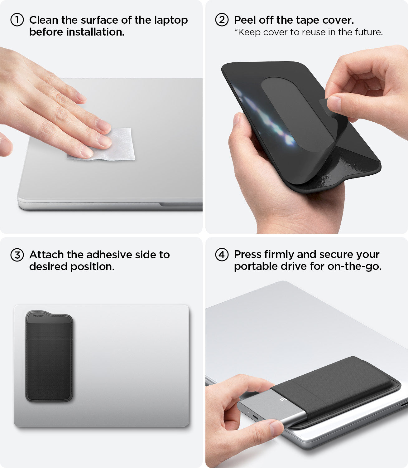 APP11228 - SSD/HDD Holder | LD221 in Black showing four-step installation guide with surface cleaning peel-off tape cover adhesive placement and secure drive insertion steps