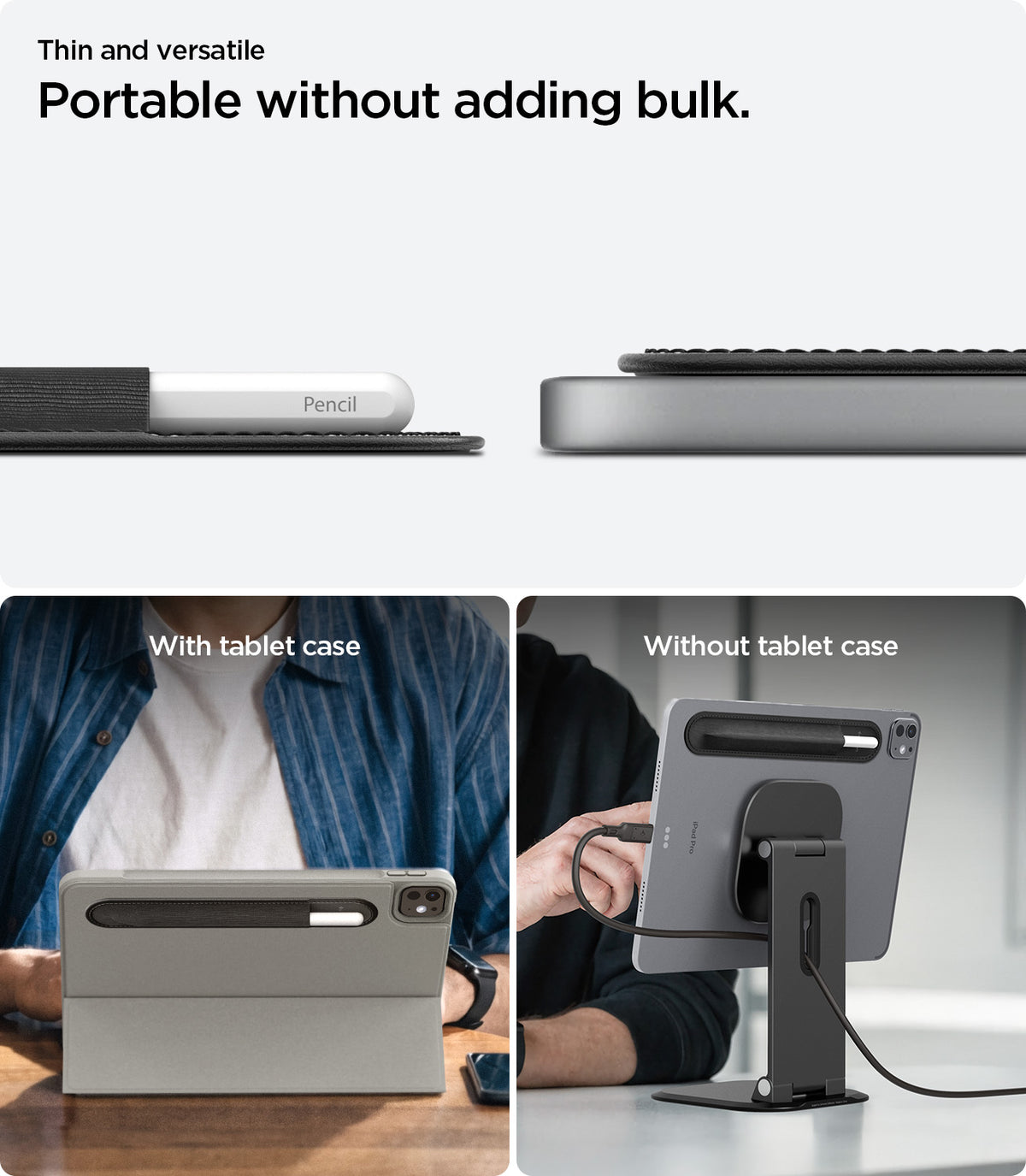 APP12219 - Apple Pencil Holder | LD222 Black showing the slim pencil holder attached to tablets with and without a case