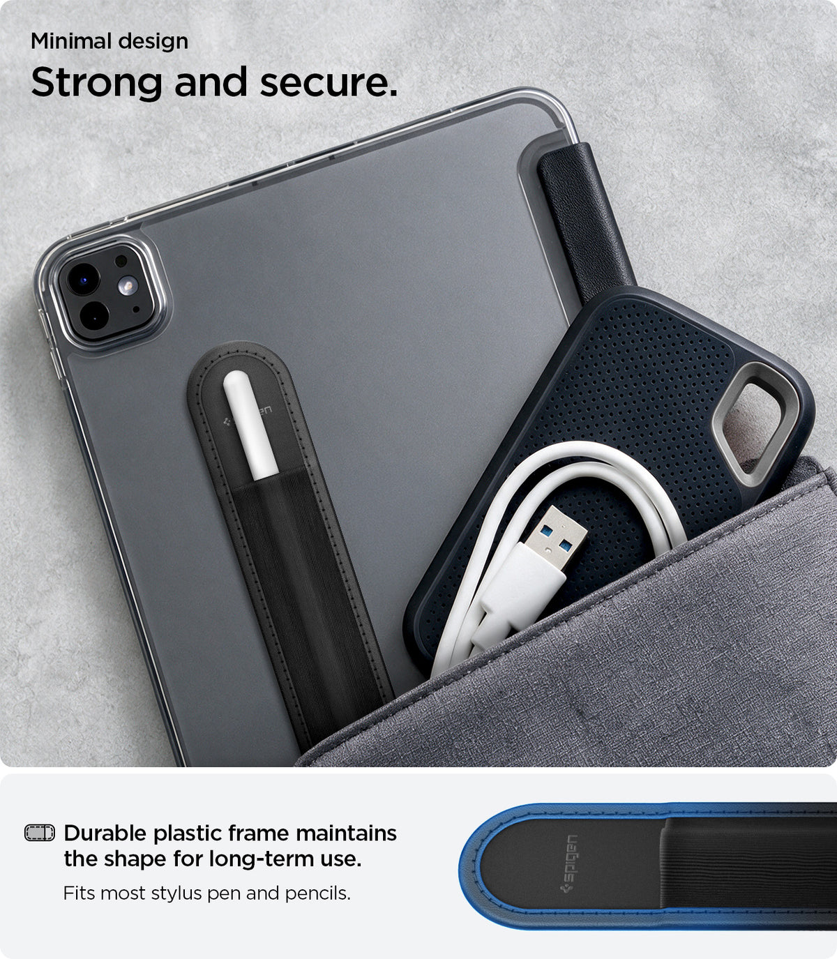 APP12219 - Apple Pencil Holder | LD222 Black showing a tablet and stylus secured in a pencil holder alongside other portable accessories