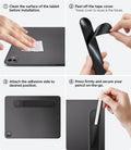 APP12219 - Apple Pencil Holder | LD222 Black showing four steps to clean the tablet, remove the adhesive cover, attach the holder, and insert a stylus