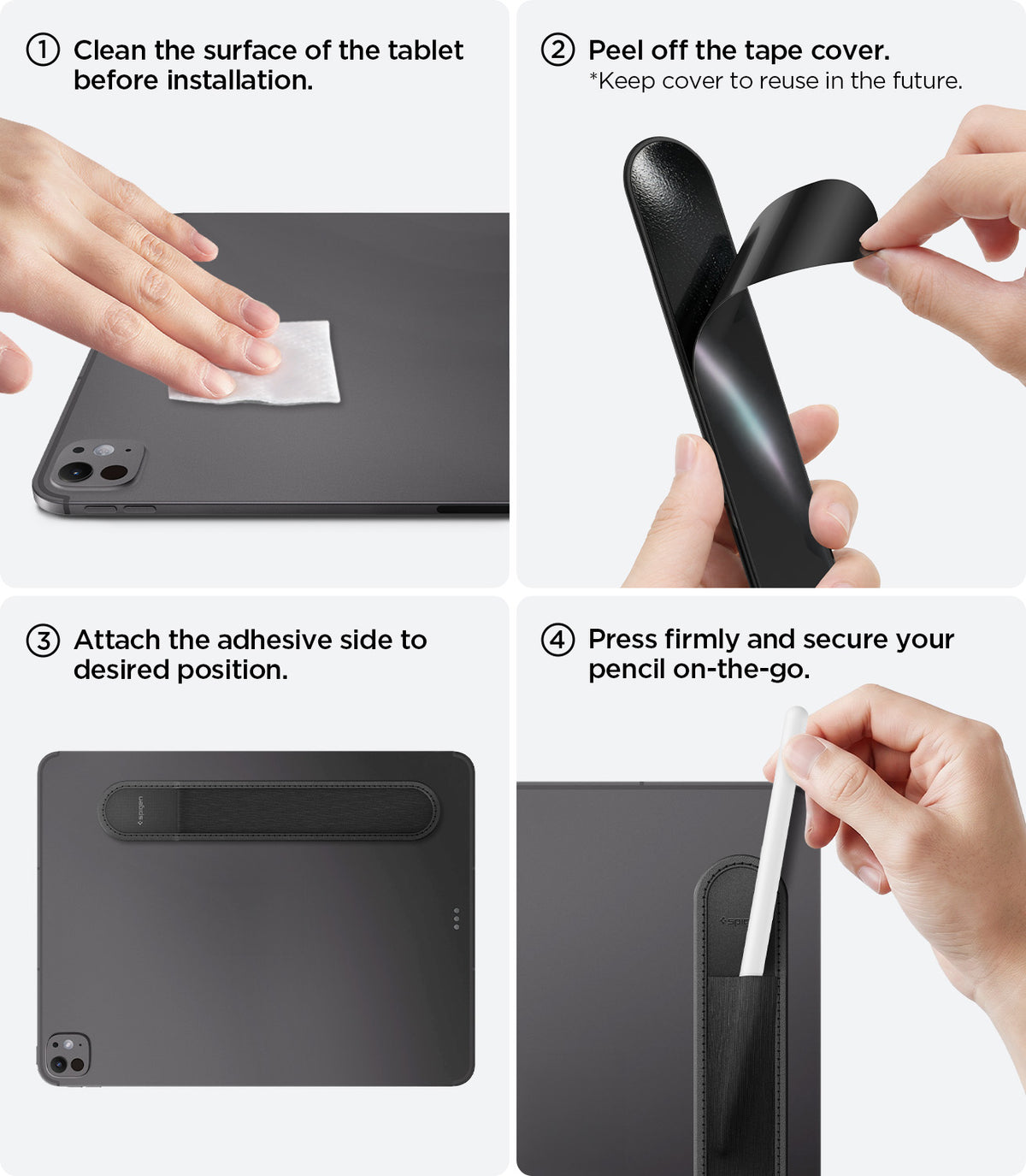 APP12219 - Apple Pencil Holder | LD222 Black showing four steps to clean the tablet, remove the adhesive cover, attach the holder, and insert a stylus