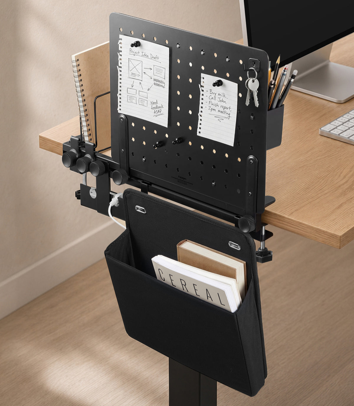 AHP11401 - Clamp Pegboard Side Organizer | LD406 showing a clamp pegboard organizer attached to a desk with storage for notes, keys, stationery, books, and accessories