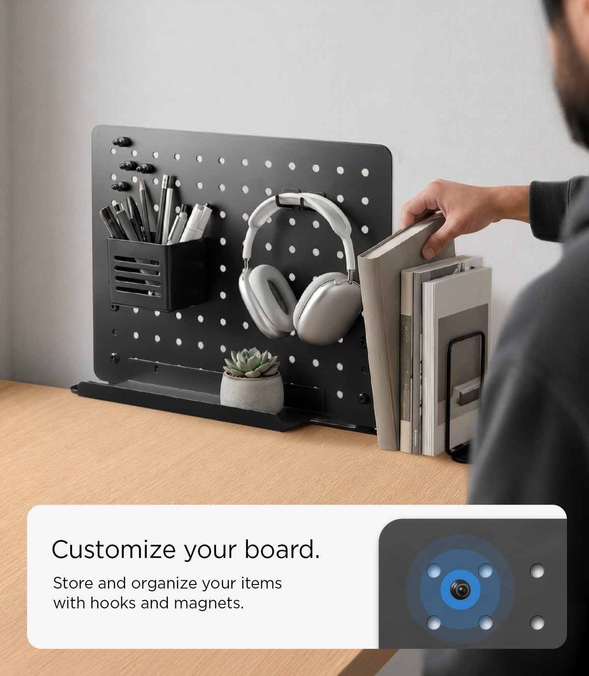 AHP11401 - Clamp Pegboard Side Organizer | LD406 showing a customizable pegboard with hooks and storage accessories for organizing everyday desk items