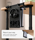 AHP11401 - Clamp Pegboard Side Organizer | LD406 showing the pegboard organizer installed under a desk with headphones, cables, and devices stored vertically