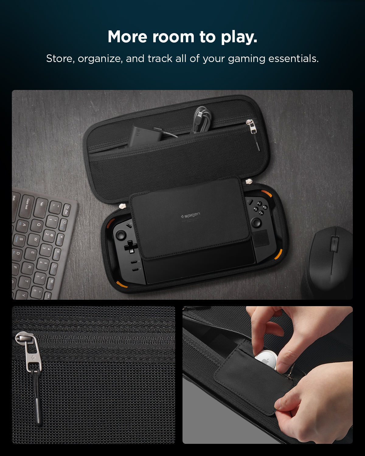 AFA07463 - Legion Go Rugged Armor Pro Pouch in Black showing the more room to play. Store, organize, and track all your gaming essentials