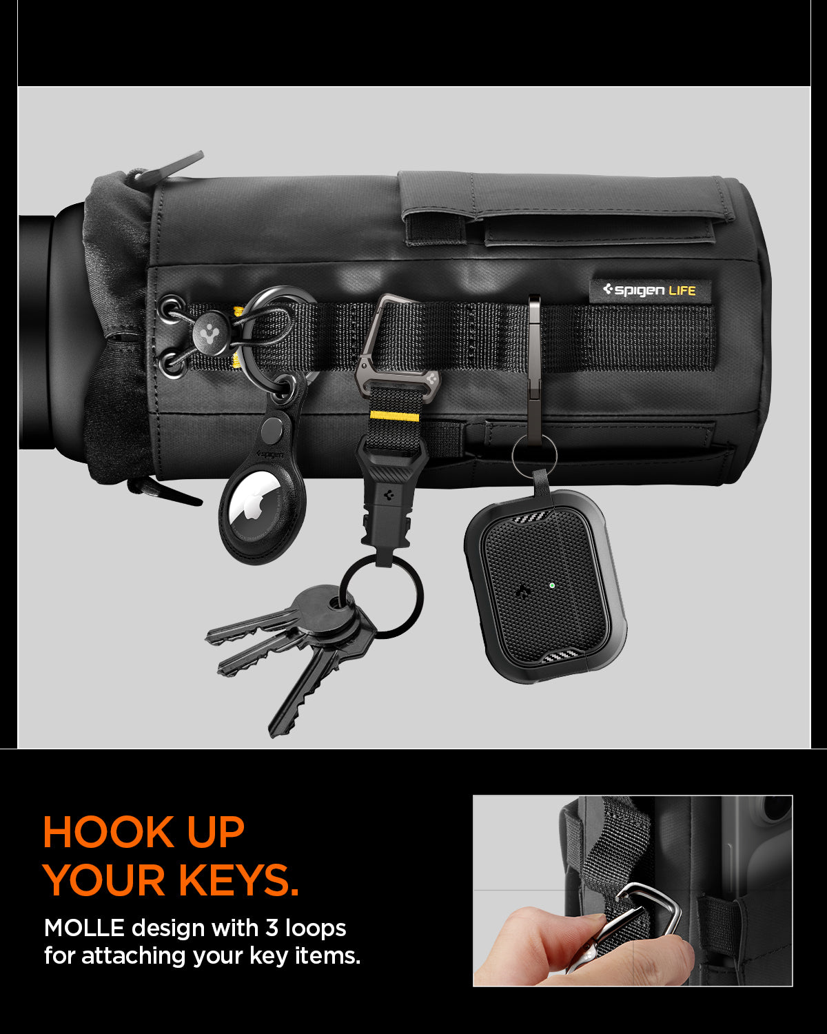 AFA09382 - Tumbler Holder Bag | LF500 showing hook up your keys. molle design with 3 loops for attaching your key items