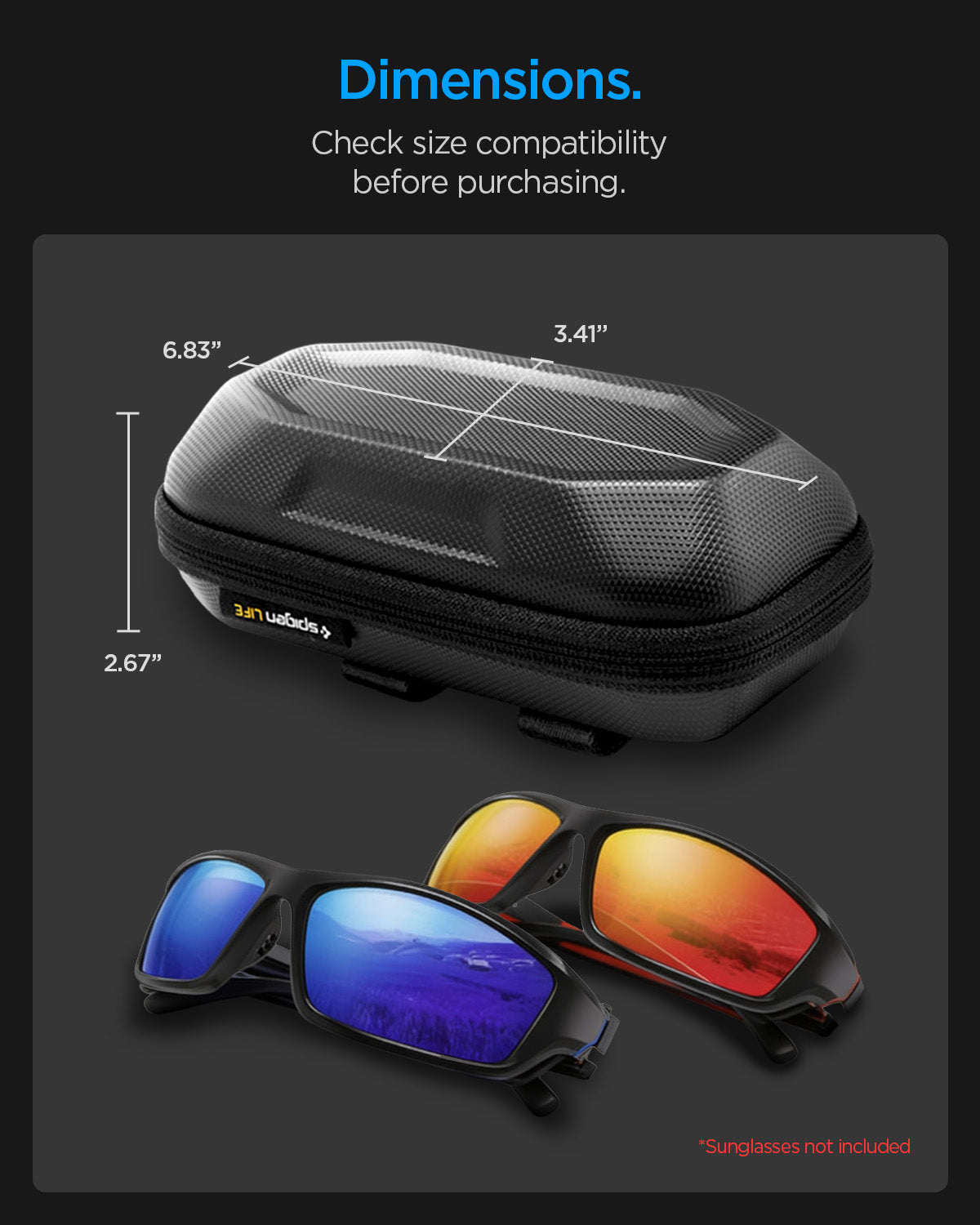 ACS09444 - [LF520] Universal Sunglass Case in Black showing dimensions. 6.83 inch x 3.41 inch x 2.67 inch