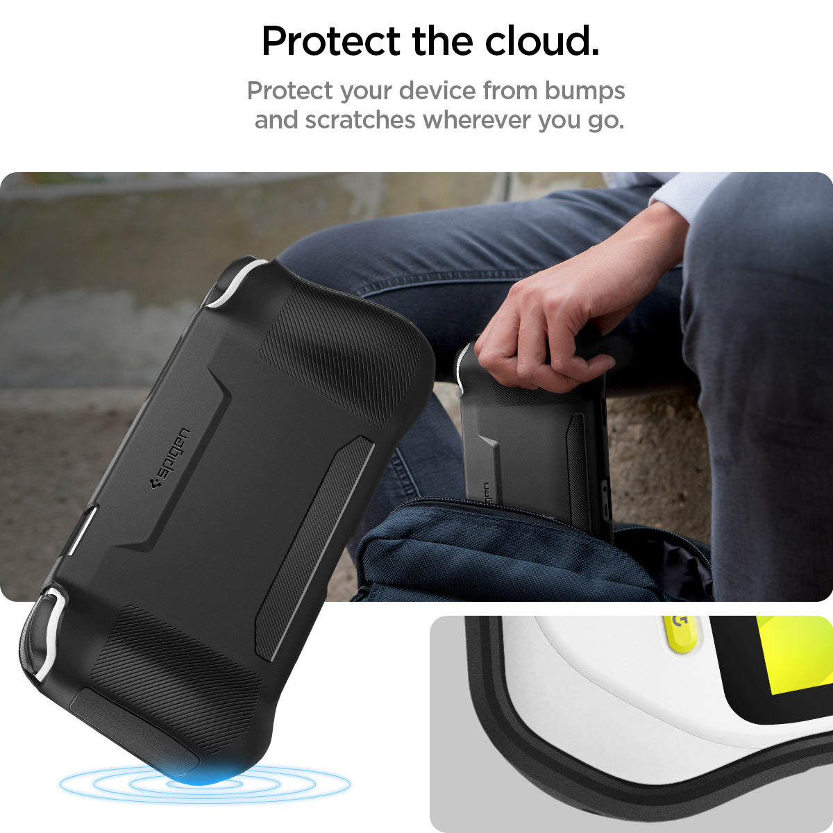 ACS05916 - Logitech G Cloud Case Rugged Armor in matte black showing how to protect your device from bumps and scratches wherever you go