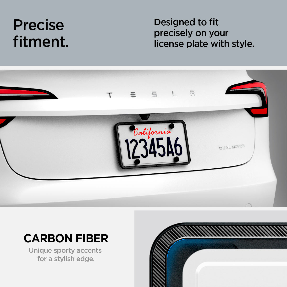 ACP08684 - License Plate Frame | LP100 in Black showing the precise fitment, designed to fit precisely on your license plate with style, carbon fiber, unique sporty accents for a stylish edge