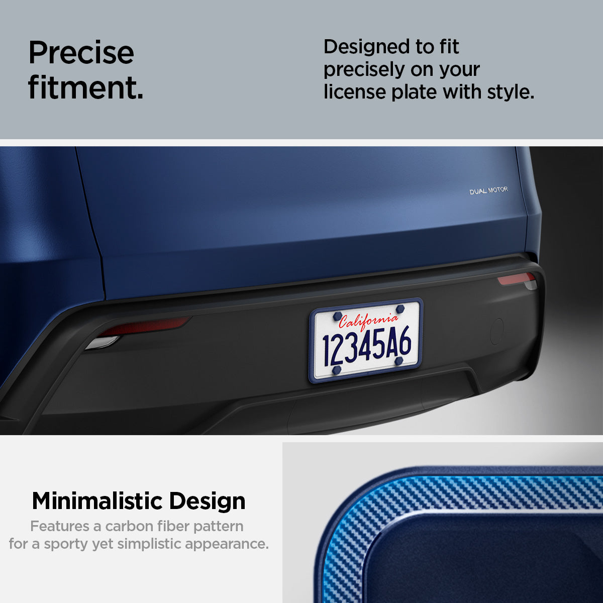 ACP12021 -  License Plate Frame | LP100 in Blue showing the precise fitment, designed to fit precisely on your license plate with style, carbon fiber, unique sporty accents for a stylish edge
