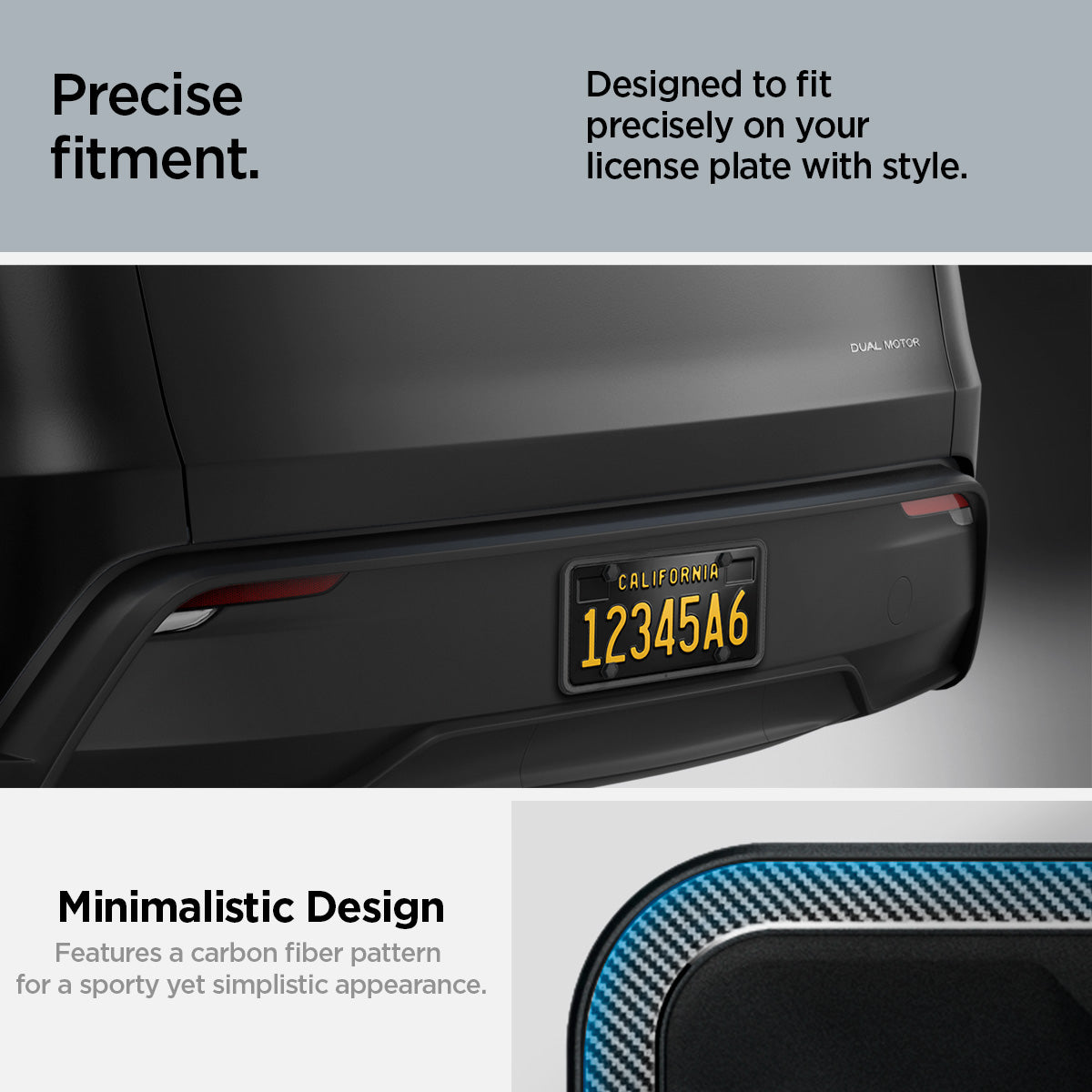 ACP08684 - License Plate Frame | LP100 in Black showing the precise fitment, designed to fit precisely on your license plate with style, carbon fiber, unique sporty accents for a stylish edge