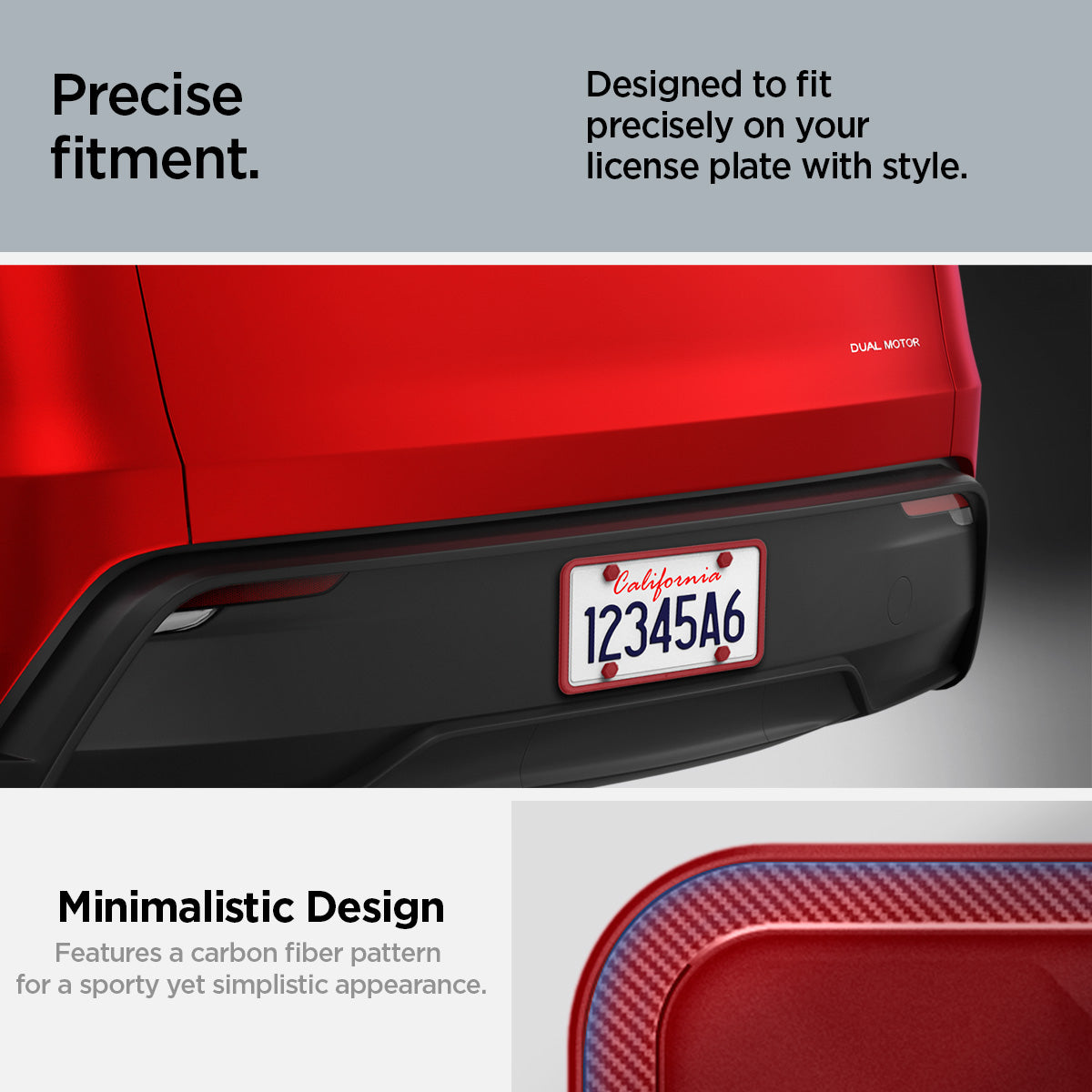 ACP12022 -  License Plate Frame | LP100 in Red showing the precise fitment, designed to fit precisely on your license plate with style, carbon fiber, unique sporty accents for a stylish edge