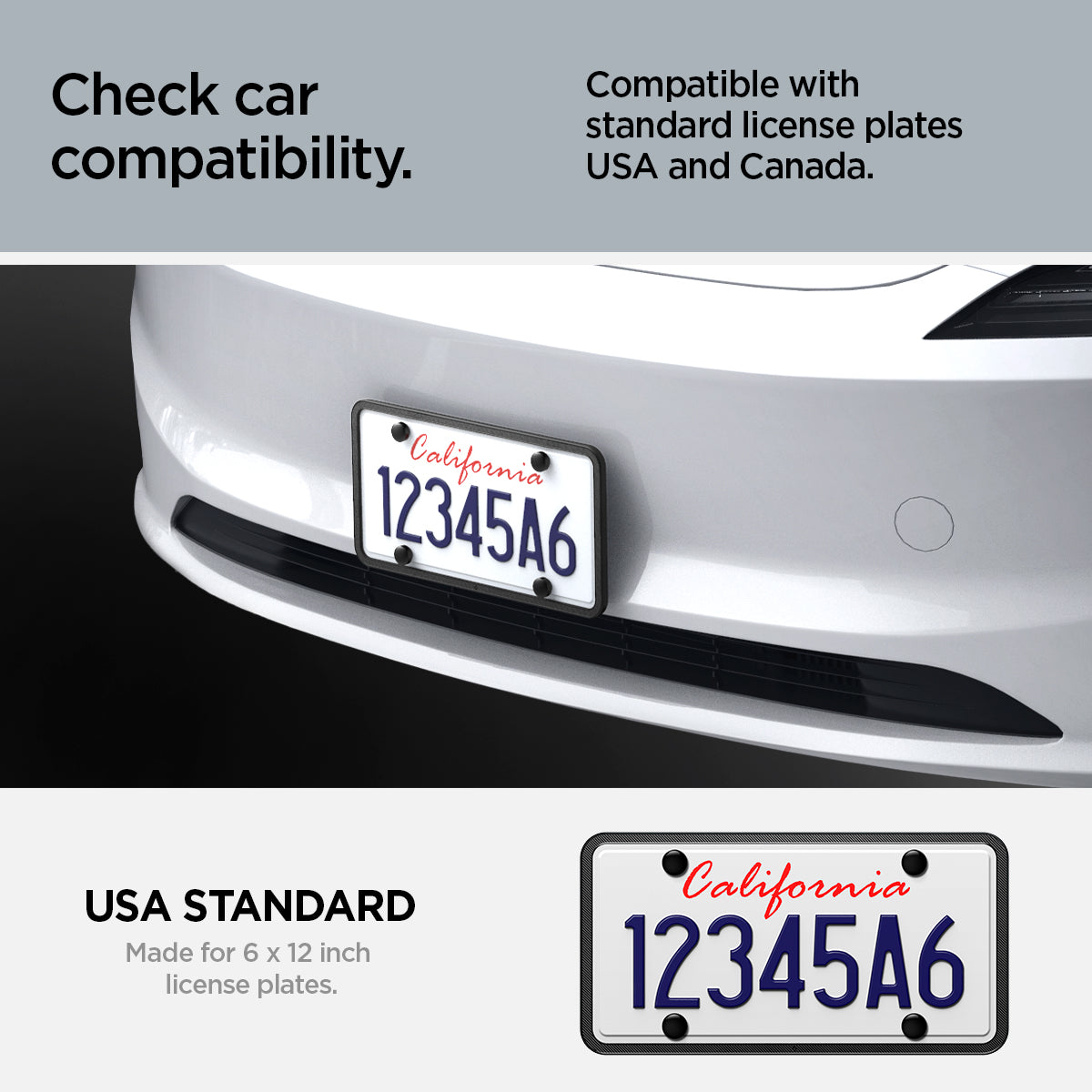 ACP08684 - License Plate Frame | LP100 in Black showing the compatibility, compatible with standard license plates USA and Canada, USA STANDARD, Made for 6 by 12 inch license plate