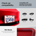 ACP12022 -  License Plate Frame | LP100 in Red showing the compatibility, compatible with standard license plates USA and Canada, USA STANDARD, Made for 6 by 12 inch license plate