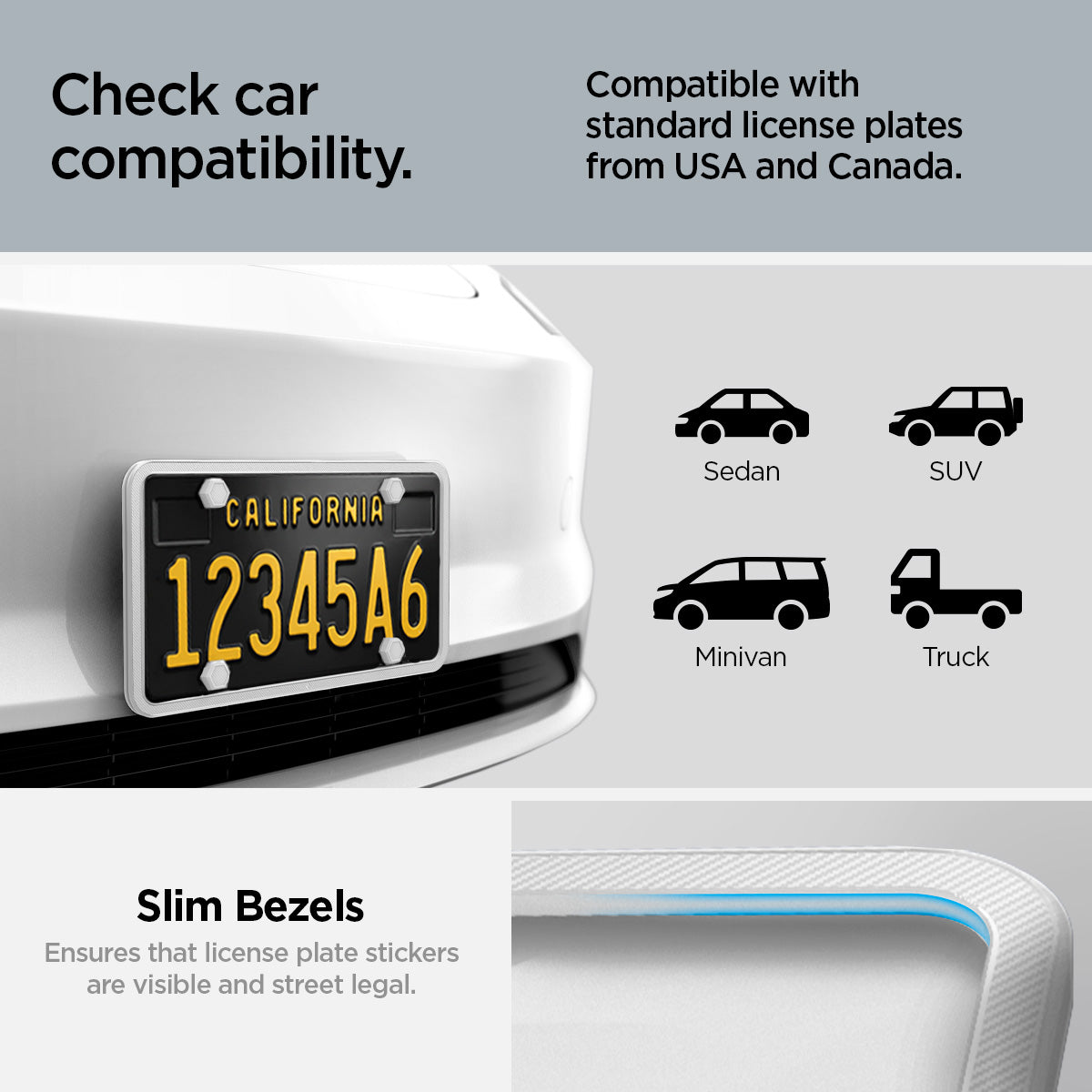 ACP12020 -  License Plate Frame | LP100 in White showing the compatibility, compatible with standard license plates USA and Canada, USA STANDARD, Made for 6 by 12 inch license plate