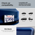 ACP12021 -  License Plate Frame | LP100 in Blue showing the compatibility, compatible with standard license plates USA and Canada, USA STANDARD, Made for 6 by 12 inch license plate