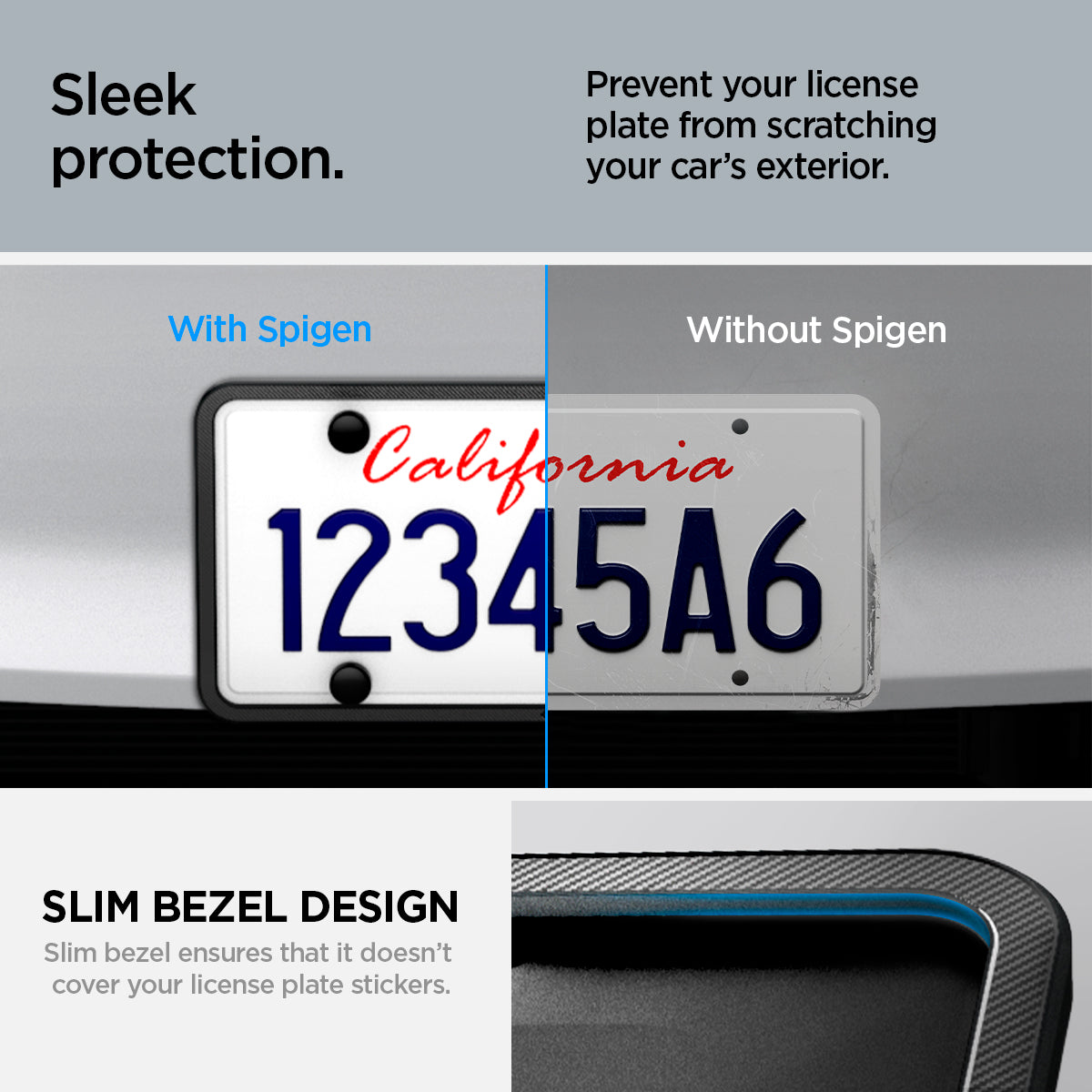 ACP08684 - License Plate Frame | LP100 in Black showing the sleek protection, prevent your license plate from scratching your car's exterior, premium upgrade, add unique layer of style and protection