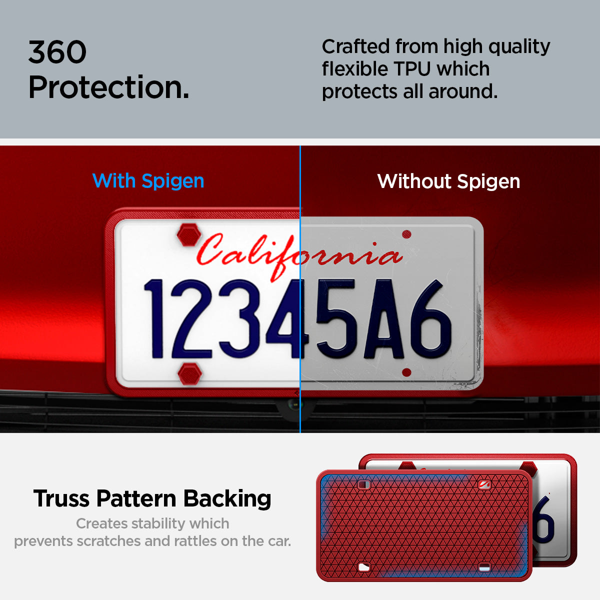 ACP12022 -  License Plate Frame | LP100 in Red showing the sleek protection, prevent your license plate from scratching your car's exterior, premium upgrade, add unique layer of style and protection