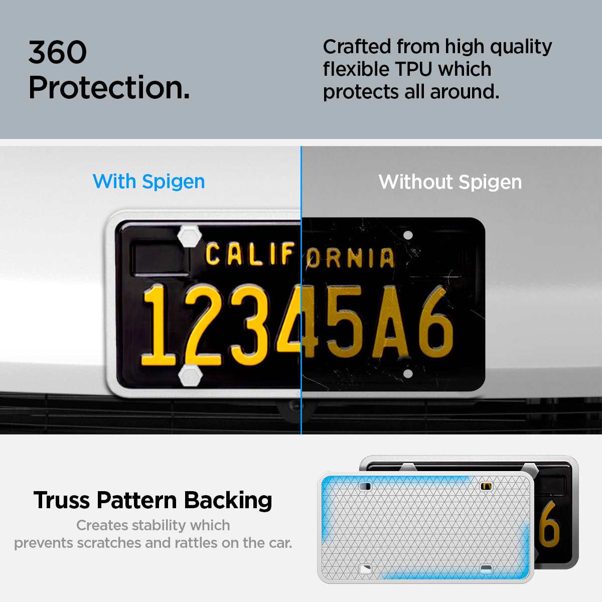 ACP12020 -  License Plate Frame | LP100 in White showing the sleek protection, prevent your license plate from scratching your car's exterior, premium upgrade, add unique layer of style and protection