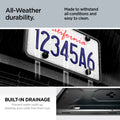 ACP08684 - License Plate Frame | LP100 in Black showing the all-Weather durability, made to withstand the elements in all conditions, built-in drainage, prevent water build up, keeping your plate free from rust