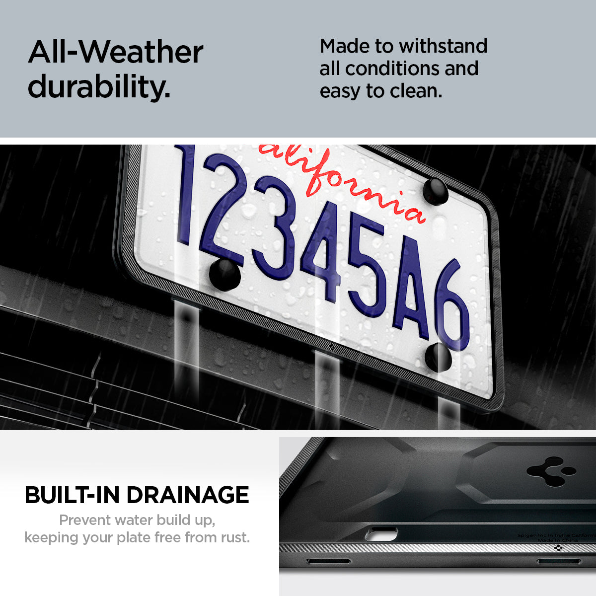 ACP08684 - License Plate Frame | LP100 in Black showing the all-Weather durability, made to withstand the elements in all conditions, built-in drainage, prevent water build up, keeping your plate free from rust