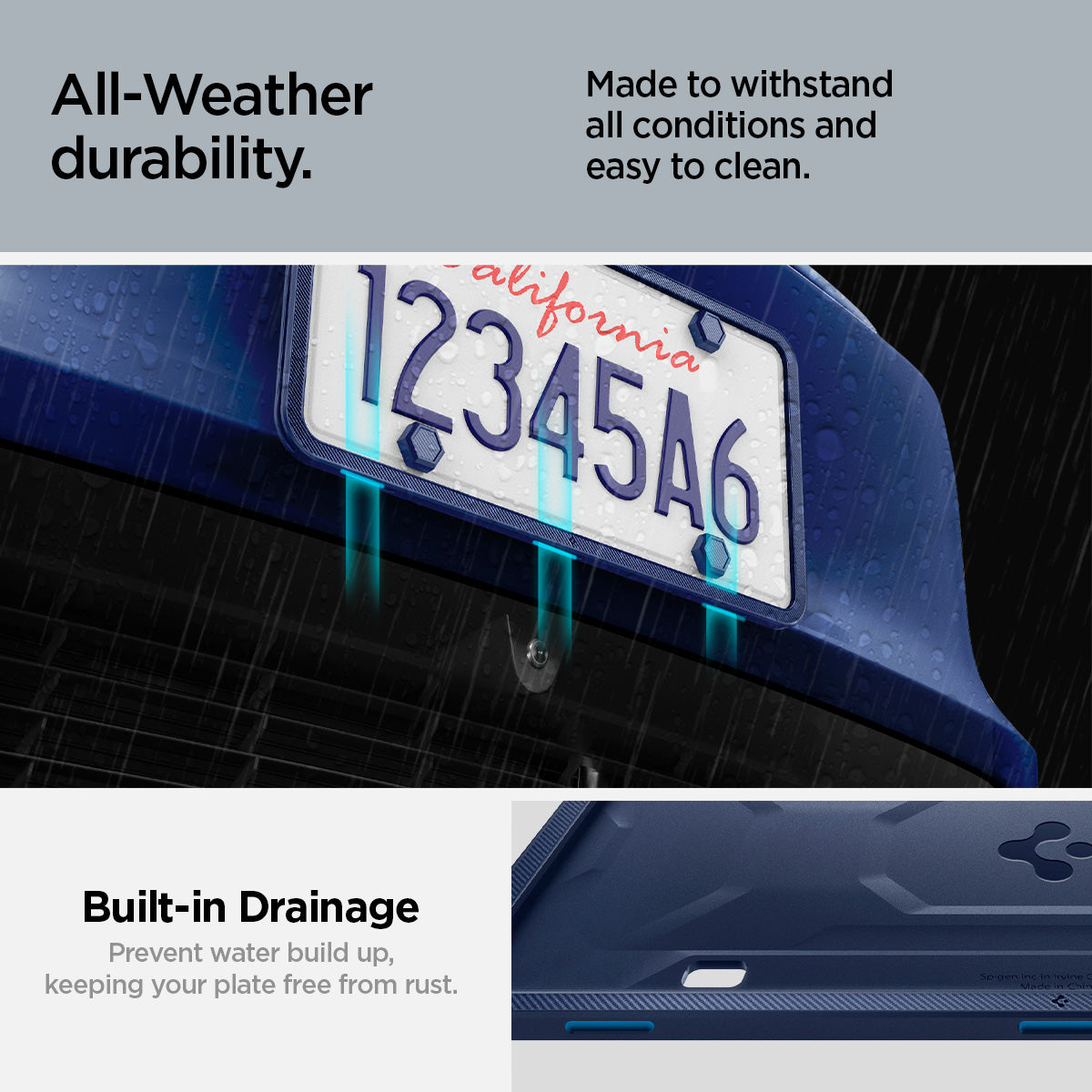 ACP12021 -  License Plate Frame | LP100 in Blue showing the all-Weather durability, made to withstand the elements in all conditions, built-in drainage, prevent water build up, keeping your plate free from rust
