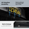  ACP08684 - License Plate Frame | LP100 in Black showing the all-Weather durability, made to withstand the elements in all conditions, built-in drainage, prevent water build up, keeping your plate free from rust