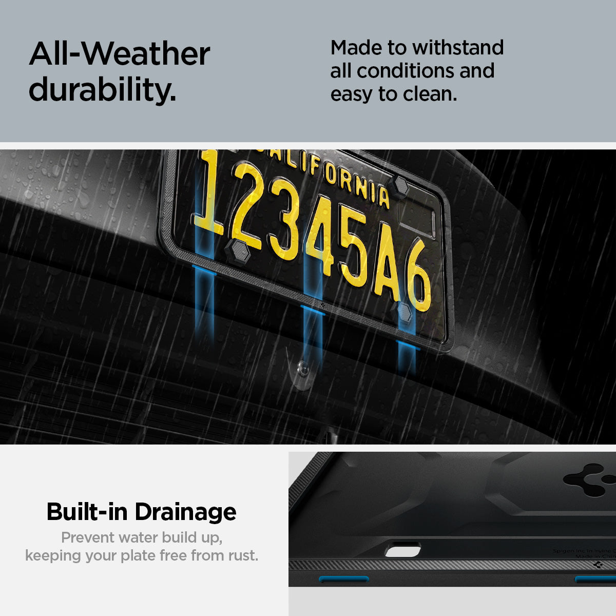  ACP08684 - License Plate Frame | LP100 in Black showing the all-Weather durability, made to withstand the elements in all conditions, built-in drainage, prevent water build up, keeping your plate free from rust
