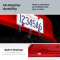 ACP12022 -  License Plate Frame | LP100 in Red showing the all-Weather durability, made to withstand the elements in all conditions, built-in drainage, prevent water build up, keeping your plate free from rust