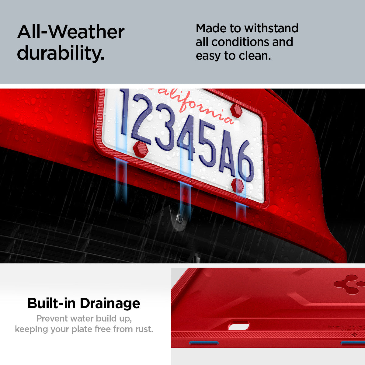 ACP12022 -  License Plate Frame | LP100 in Red showing the all-Weather durability, made to withstand the elements in all conditions, built-in drainage, prevent water build up, keeping your plate free from rust