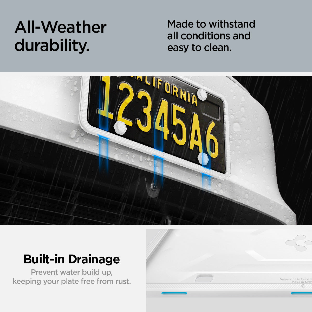 ACP12020 -  License Plate Frame | LP100 in White showing the all-Weather durability, made to withstand the elements in all conditions, built-in drainage, prevent water build up, keeping your plate free from rust
