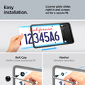 ACP08684 - License Plate Frame | LP100 in Black showing the easy installation, license plate slides right in and screws on for a secure fit