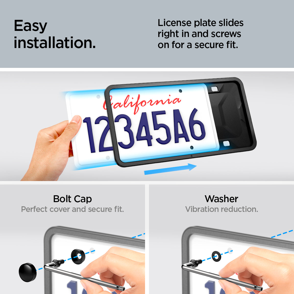 ACP08684 - License Plate Frame | LP100 in Black showing the easy installation, license plate slides right in and screws on for a secure fit