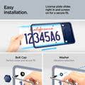 ACP12021 -  License Plate Frame | LP100 in Blue showing the easy installation, license plate slides right in and screws on for a secure fit