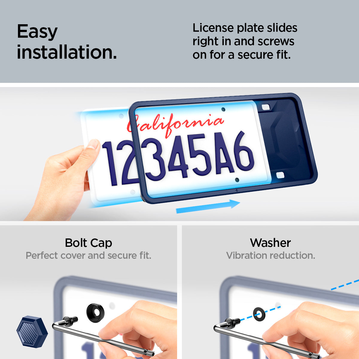 ACP12021 -  License Plate Frame | LP100 in Blue showing the easy installation, license plate slides right in and screws on for a secure fit