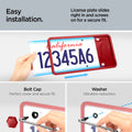 ACP12022 -  License Plate Frame | LP100 in Red showing the easy installation, license plate slides right in and screws on for a secure fit