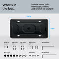 ACP08684 - License Plate Frame | LP100 in Black showing the what's in the box, includes frame, bolt, caps, screws and wrench for a safe fit, with 6.8inx12.63in