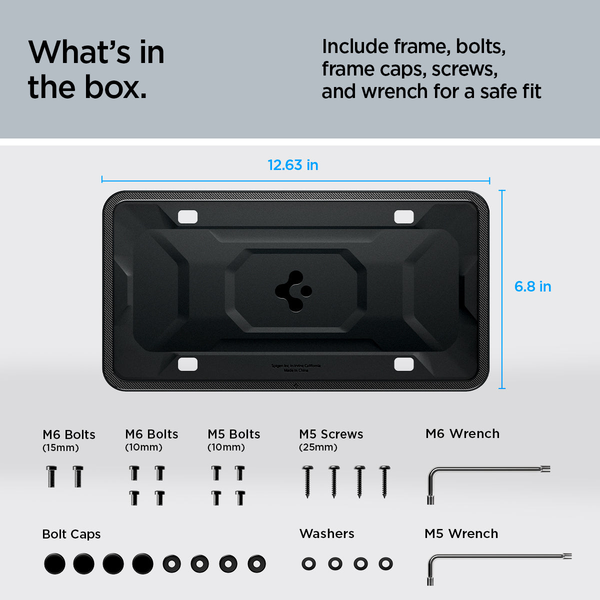 ACP08684 - License Plate Frame | LP100 in Black showing the what's in the box, includes frame, bolt, caps, screws and wrench for a safe fit, with 6.8inx12.63in