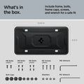 ACP08684 - License Plate Frame | LP100 in Black showing the what's in the box, includes frame, bolt, caps, screws and wrench for a safe fit, with 6.8inx12.63in