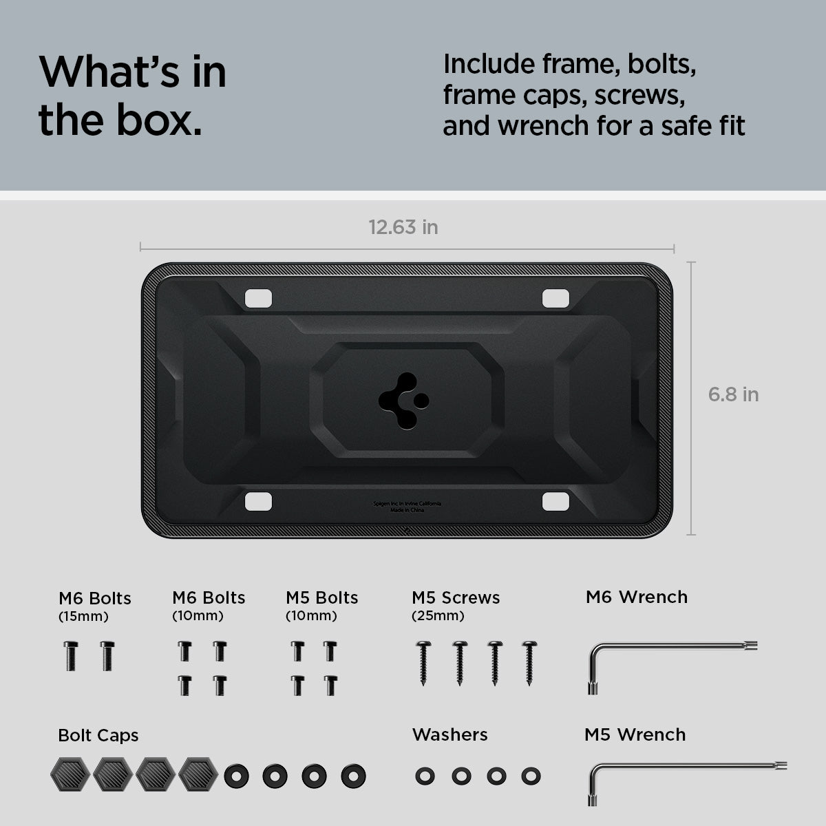ACP08684 - License Plate Frame | LP100 in Black showing the what's in the box, includes frame, bolt, caps, screws and wrench for a safe fit, with 6.8inx12.63in