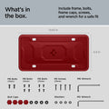 ACP12022 -  License Plate Frame | LP100 in Red showing the what's in the box, includes frame, bolt, caps, screws and wrench for a safe fit, with 6.8inx12.63in
