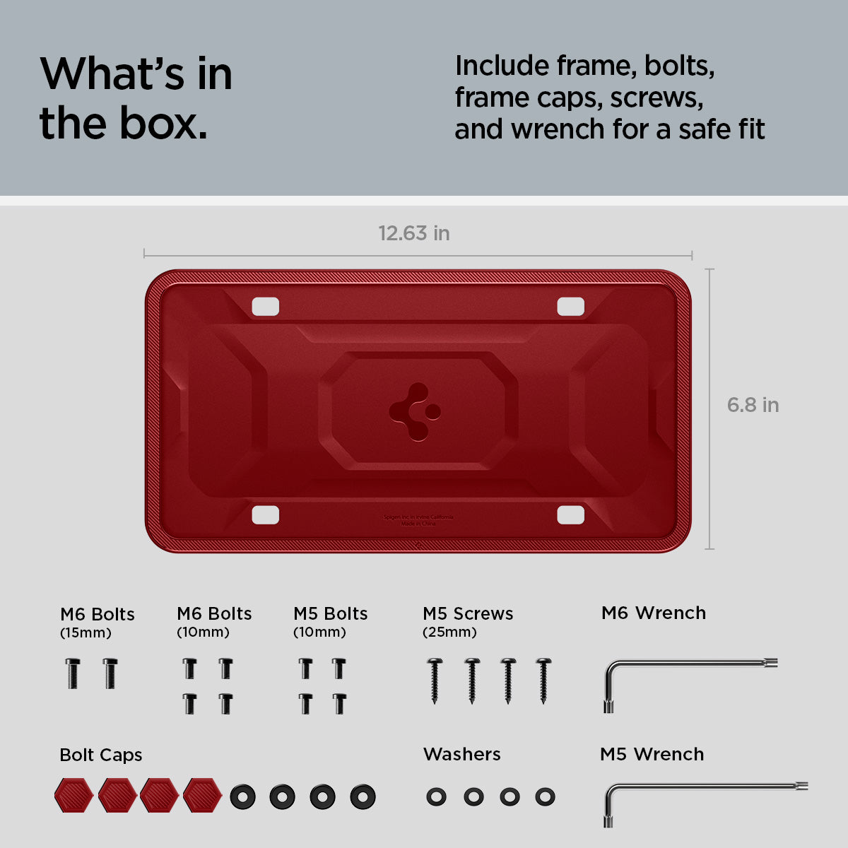 ACP12022 -  License Plate Frame | LP100 in Red showing the what's in the box, includes frame, bolt, caps, screws and wrench for a safe fit, with 6.8inx12.63in