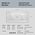 ACP12020 -  License Plate Frame | LP100 in White showing the what's in the box, includes frame, bolt, caps, screws and wrench for a safe fit, with 6.8inx12.63in
