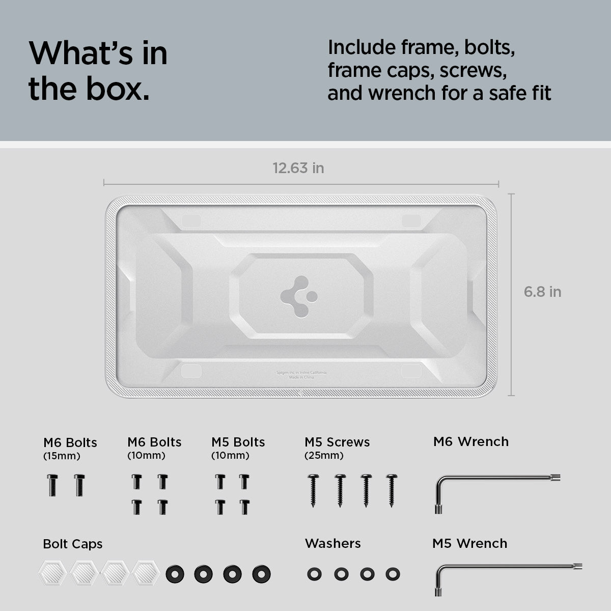 ACP12020 -  License Plate Frame | LP100 in White showing the what's in the box, includes frame, bolt, caps, screws and wrench for a safe fit, with 6.8inx12.63in